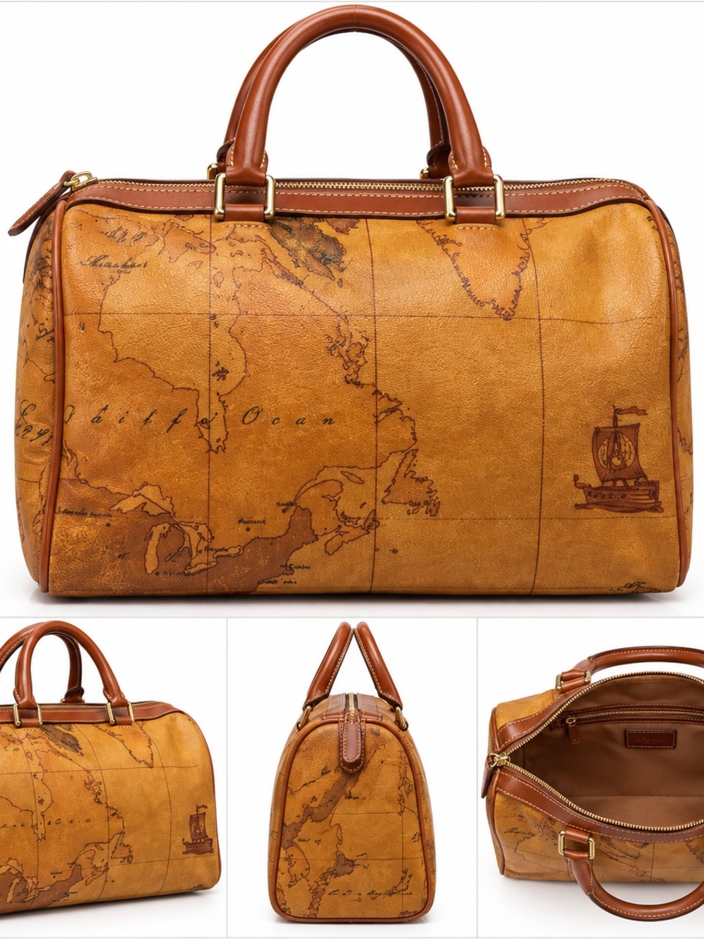 Alviero Martini Tan and Cognac Map-Print Boston Bag